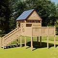 Wooden Cabin with Blue Roof Staircase Platform Railing Windows in Green Grass and Trees
