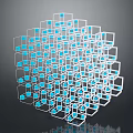 Intricate 3D Abstract Geometric Structure with White Frames and Blue Squares