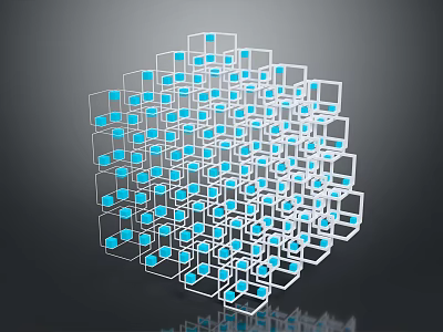Intricate 3D Abstract Geometric Structure with White Frames and Blue Squares 3d model