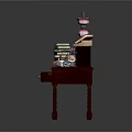 Red Wooden Desk With Stacked Books Open Book Colorful Stationery And Lamp