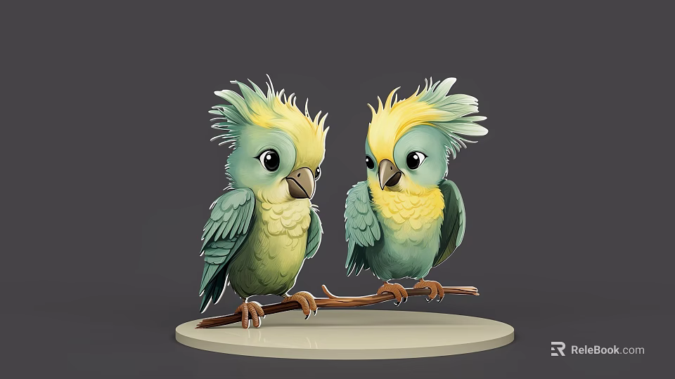 Two Green And Yellow Parrots Perched On A Branch In 3D Cartoon Model White Base 3d model 