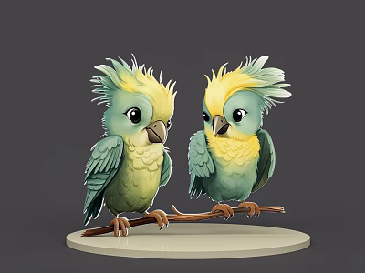 Two Green And Yellow Parrots Perched On A Branch In 3D Cartoon Model White Base 3d model