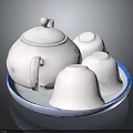 White Ceramic Teapot With Three Cups On Blue Rimmed Tray For Daily Use