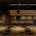 Modern Japanese Restaurant Interior With Wooden Tables Chairs Hanging Lights And Shoji Screens