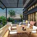 Modern Terrace Garden With Glass Canopy Outdoor Furniture Plants And Lighting