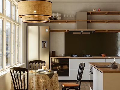 Bright Kitchen Interior With Rattan Pendant Light Large Windows Dining Table And Wooden Shelves 3d model