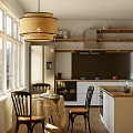 Bright Kitchen Interior With Rattan Pendant Light Large Windows Dining Table And Wooden Shelves