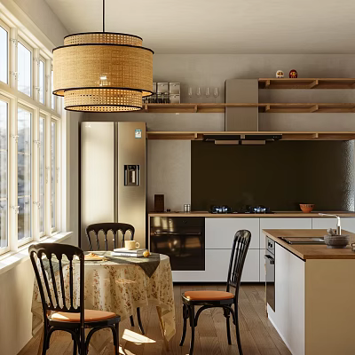 Bright Kitchen Interior With Rattan Pendant Light Large Windows Dining Table And Wooden Shelves 3d model