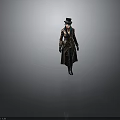 Steampunk Style Character Outfit With Brown Long Coat Top Hat Green Scarf And Leather Gloves