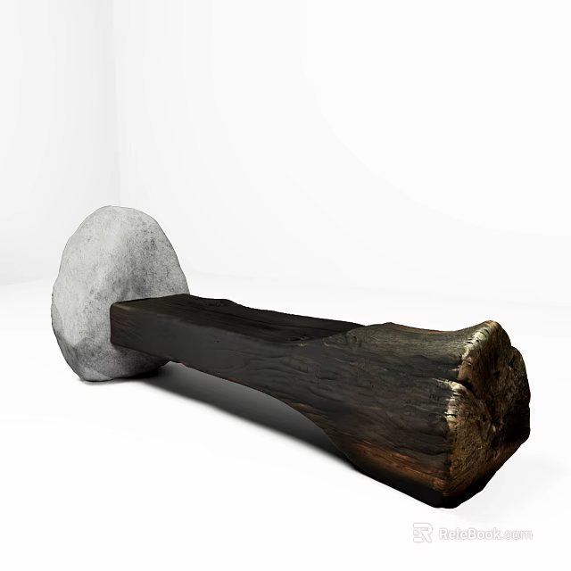 Public Chair With Natural Stone And Wooden Log Rustic Design Elements 3d model 