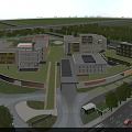 Modern School Building Exterior With White Orange Facades Red Running Track And Green Football Field