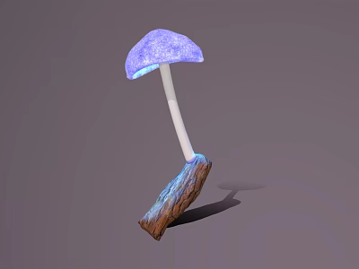 Glowing Purple Vegetable Mushroom with White Stem Inserted in Brown Wood Gray Background 3d model