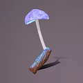 Glowing Purple Vegetable Mushroom with White Stem Inserted in Brown Wood Gray Background