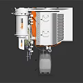 Industrial Mechanical Equipment Featuring White Body Orange Control Panel Connecting Pipes And Cylindrical Container