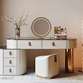 Elegant Modern Vanity Table With White Top Gold Legs Round Mirror Cosmetics And Stool