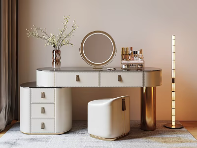 Elegant Modern Vanity Table With White Top Gold Legs Round Mirror Cosmetics And Stool 3d model