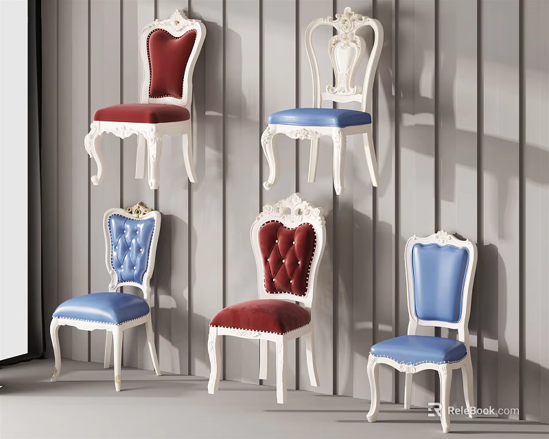 Elegant Ornate Dining Chairs With Red And Blue Upholstery And White Frame 3d model 
