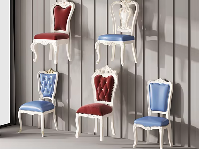 Elegant Ornate Dining Chairs With Red And Blue Upholstery And White Frame 3d model
