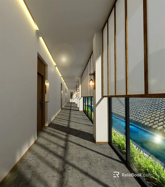 Modern Hotel Corridor With Warm Lighting Wooden Accents And Pool View Through Windows 3d model 