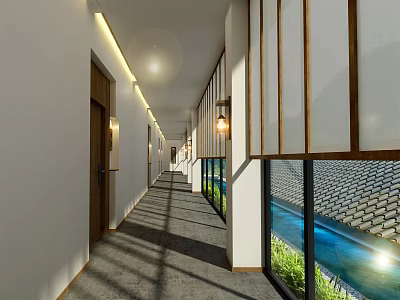 Modern Hotel Corridor With Warm Lighting Wooden Accents And Pool View Through Windows 3d model