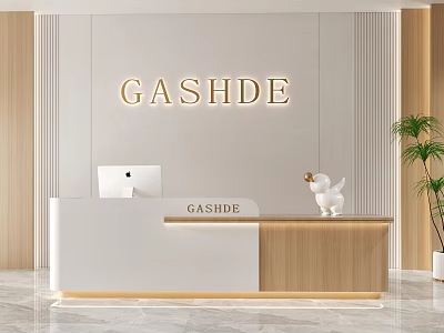 Modern Reception Desk With GASHDE Logo Wooden Panel Background And Desktop Plants 3d model