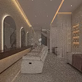 Elegant Beauty Salon Interior With Arched Mirrors White Leather Chairs Wooden Counter And Product Shelves