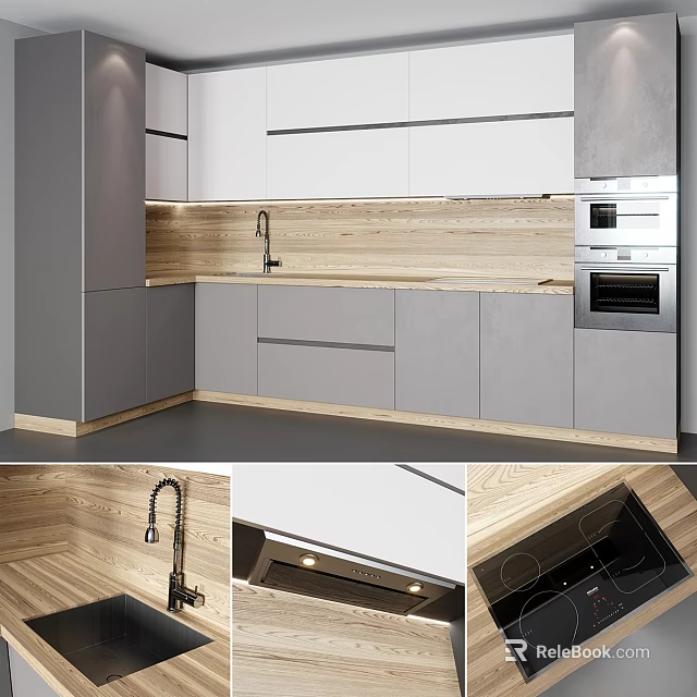 Modern Kitchen Interior With Gray And White Cabinets Wooden Countertop And Appliances 3d model 