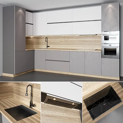 Modern Kitchen Interior With Gray And White Cabinets Wooden Countertop And Appliances 3d model
