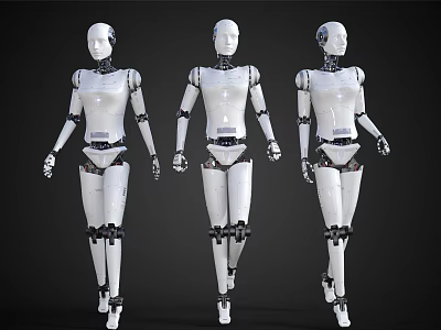 Three White Smart Humanoid Robots With Mechanical Joints In Different Walking Poses 3d model