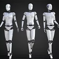 Three White Smart Humanoid Robots With Mechanical Joints In Different Walking Poses 3d model