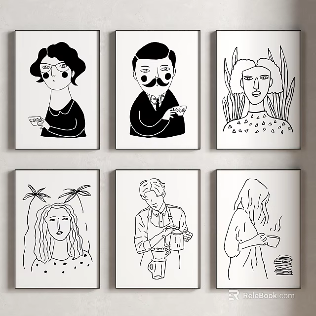 Black And White Line Art Portrait Paintings With Various Figures And Decorative Details 3d model 