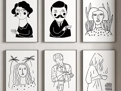 Black And White Line Art Portrait Paintings With Various Figures And Decorative Details 3d model