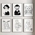 Black And White Line Art Portrait Paintings With Various Figures And Decorative Details