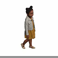 Happy Little Girl With Bun Hairstyle In White Denim Jacket And Yellow Dress