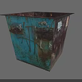 Rusted Blue Trash Can With Worn Surface And Graffiti Marks