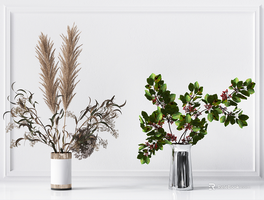 White Wooden Vase With Pampas Grass And Silver Metal Vase With Green Leaves Red Berries 3d model 