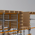 Construction Site With Tall Metal Scaffolding And Wooden Frame Structure