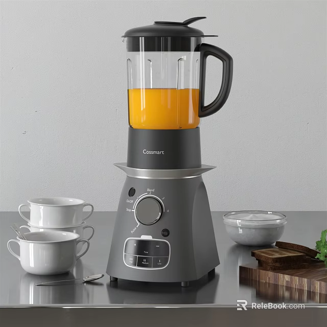 Gray Blender With Orange Liquid White Cups Small Bowls And Green Leaves 3d model 