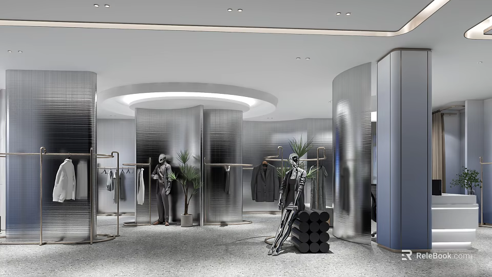 Modern Sleek Clothing Store Interior Design With Metallic Finish Fashion Racks And Artistic Mannequins 3d model 