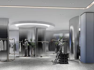 Modern Sleek Clothing Store Interior Design With Metallic Finish Fashion Racks And Artistic Mannequins 3d model