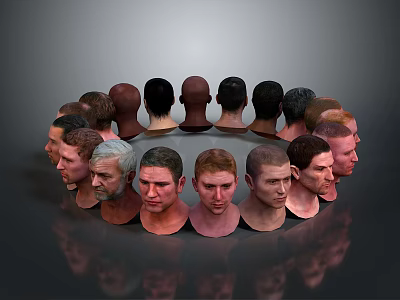 Male Head Models in Circular Arrangement with Diverse Facial Features and Hairstyles 3d model