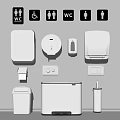 Public Restroom Facilities Including Toilet Paper Dispensers Soap Dispensers Trash Cans Toilet Bowls And Signage