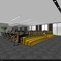 Modern Public Office Space With Yellow Benches Desks Chairs And Green Plants