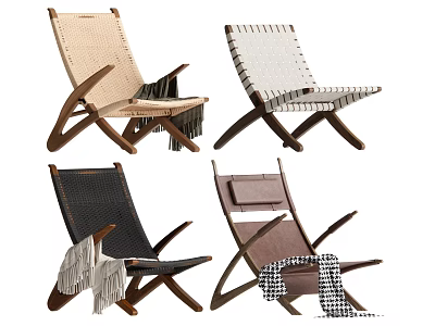 Stylish Lounge Chairs With Woven Seats Wooden Frames And Decorative Throws 3d model