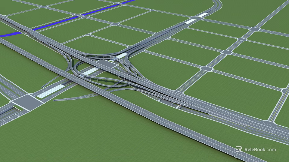 Road Infrastructure 3D Model Complex Interchange With Multiple Lanes And Green Areas 3d model