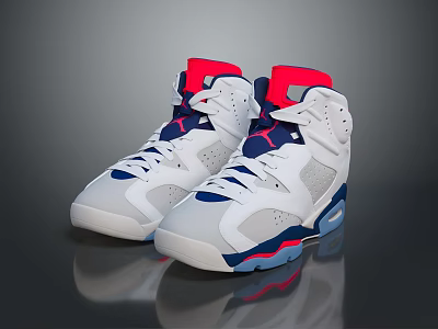 Modern High Top White Sneakers With Red Accents Blue Details And Reflective Finish 3d model
