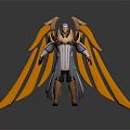 Detailed 3D Fantasy Character With Orange Wings Wearing Robe Holding Weapon Design
