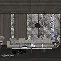 Modern Living Room Interior Design With Wooden Ceiling Marble Wall Beige Sofa And Plants