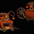 Cartoon Style Pumpkin Carriage Scene With Hanging Pumpkins Wooden Wheels Small Window And Items Inside
