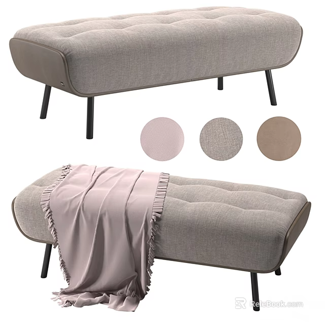 Gray Upholstered Sofa Bench With Pink Throw Blanket And Fabric Options 3d model